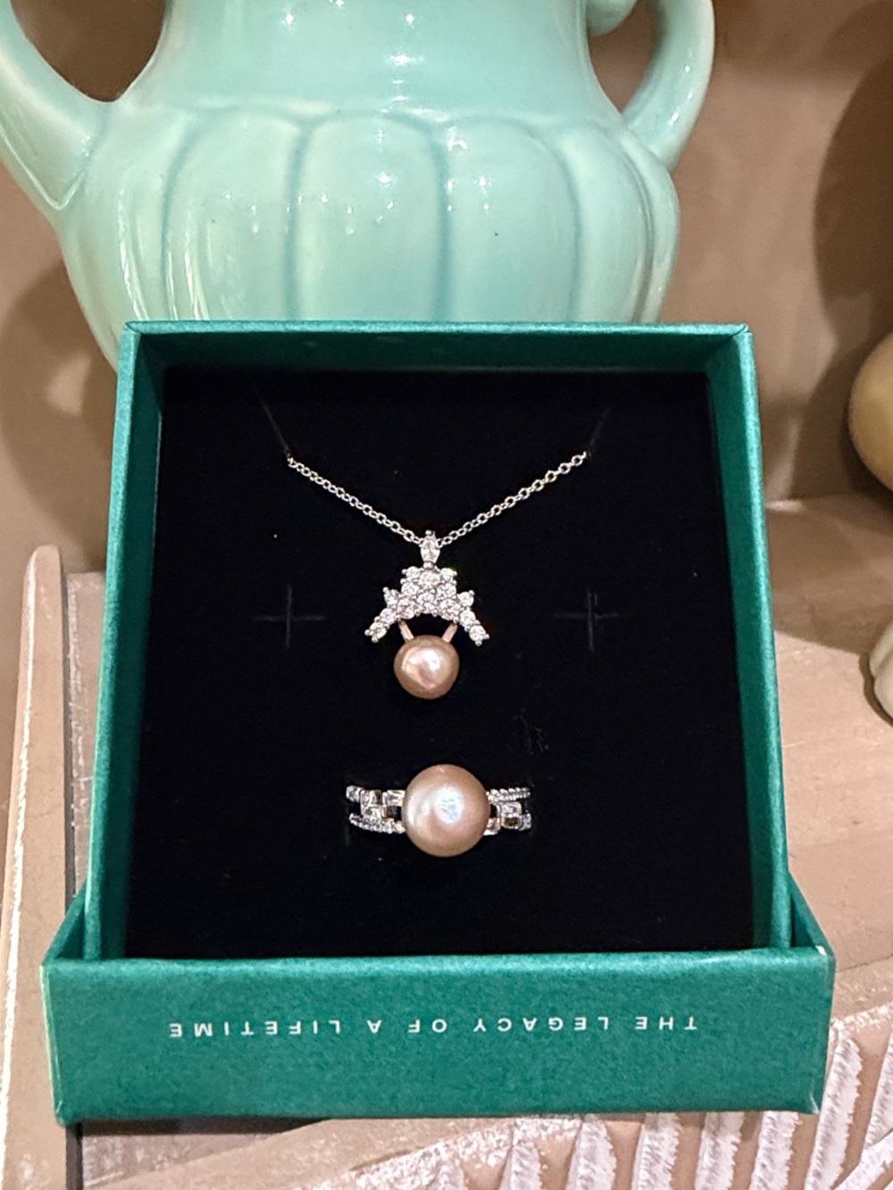Freshwater Seedless Peach-Gold 18K Plated over 925S Pearl Necklace and Ring Set